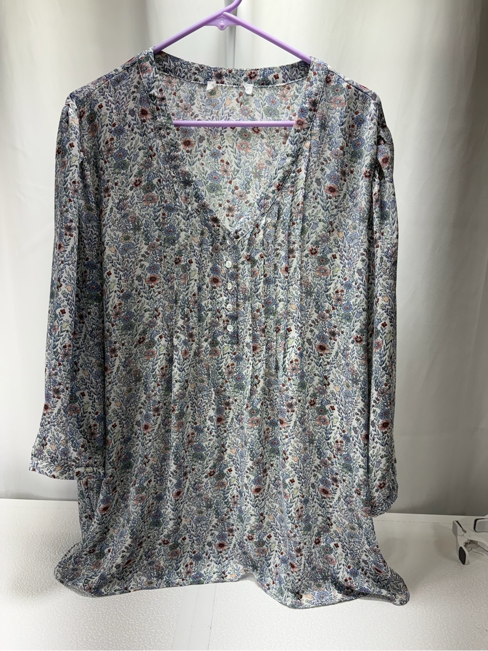 Floral V-Neck Button Tunic Top - Blue Multi 4385